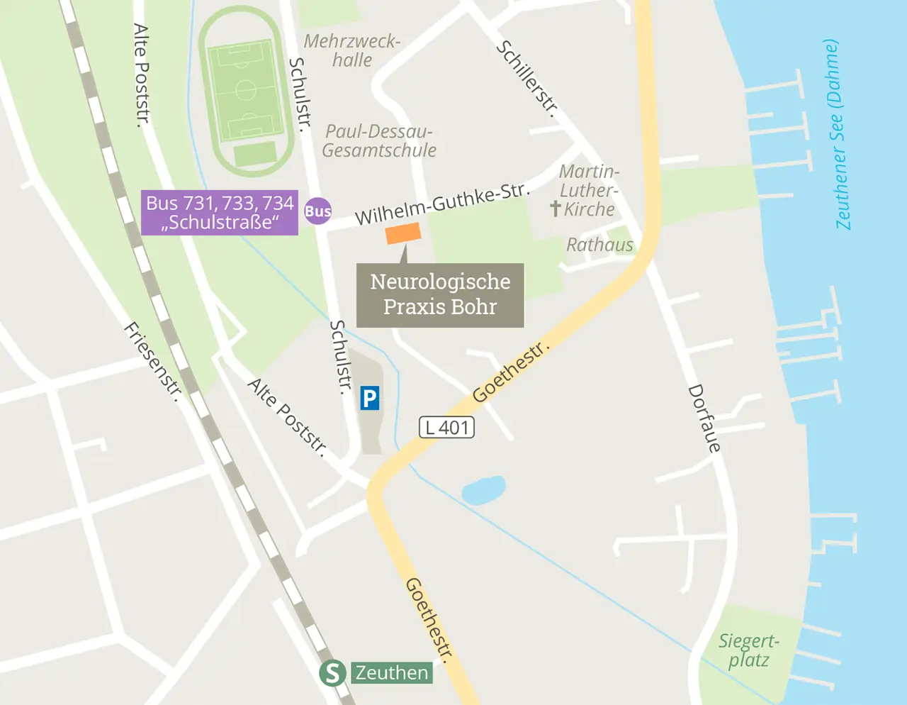 Lageplan der Praxis an der Wilhelm-Guthke-Straße, nahe der Bus-Haltestelle Schulstraße